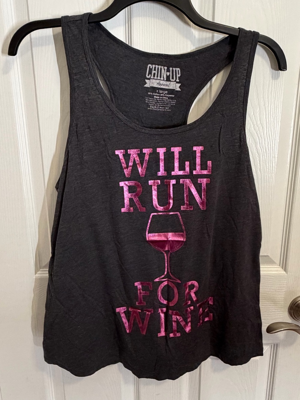 NWT Chin-Up Apparel Black Tank Top with Pink Foil “Will Run For Wine” Juniors XL